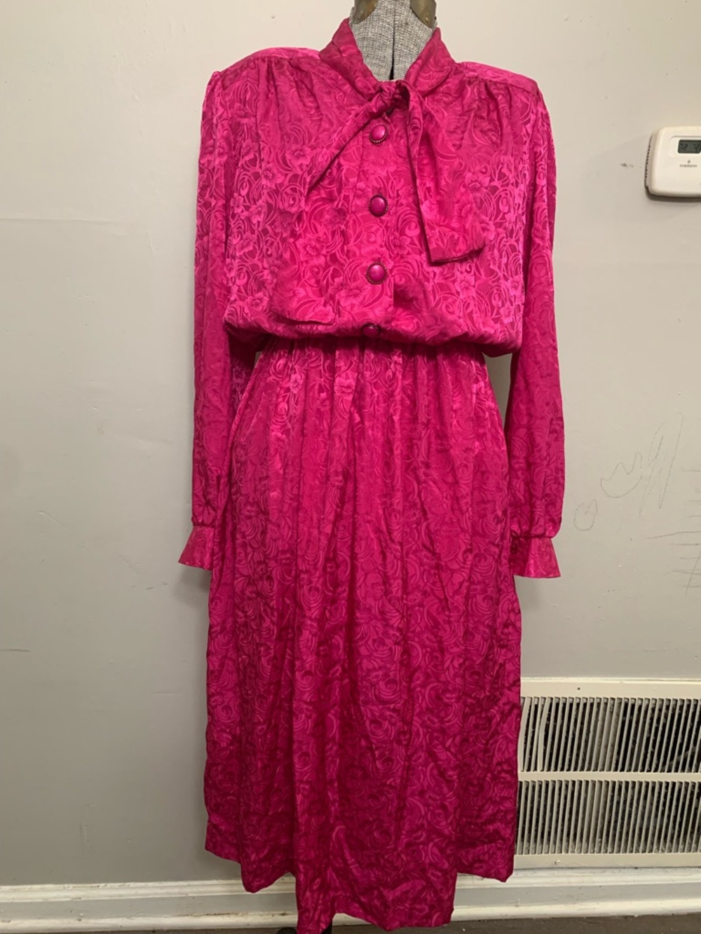 80s Elegant Fuchsia Bow-Neck Midi Dress